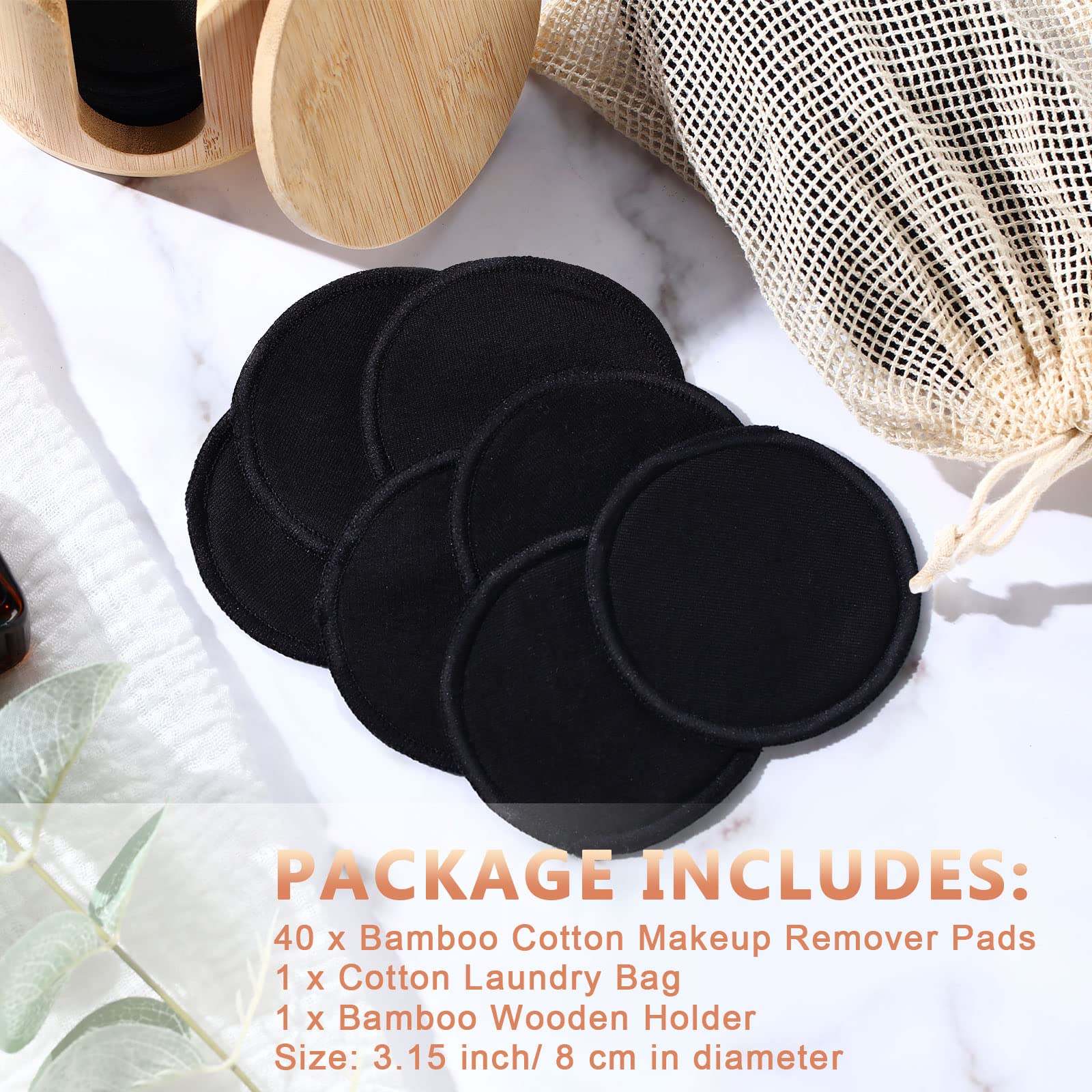 Foaincore 40 Pcs Cotton Rounds Pads Reusable with Washable Laundry Bag Waste Free Facial Round Soft Reusable Face Pad Large Bamboo Cotton Rounds for Toner with Bamboo Holder for Storage(Black)