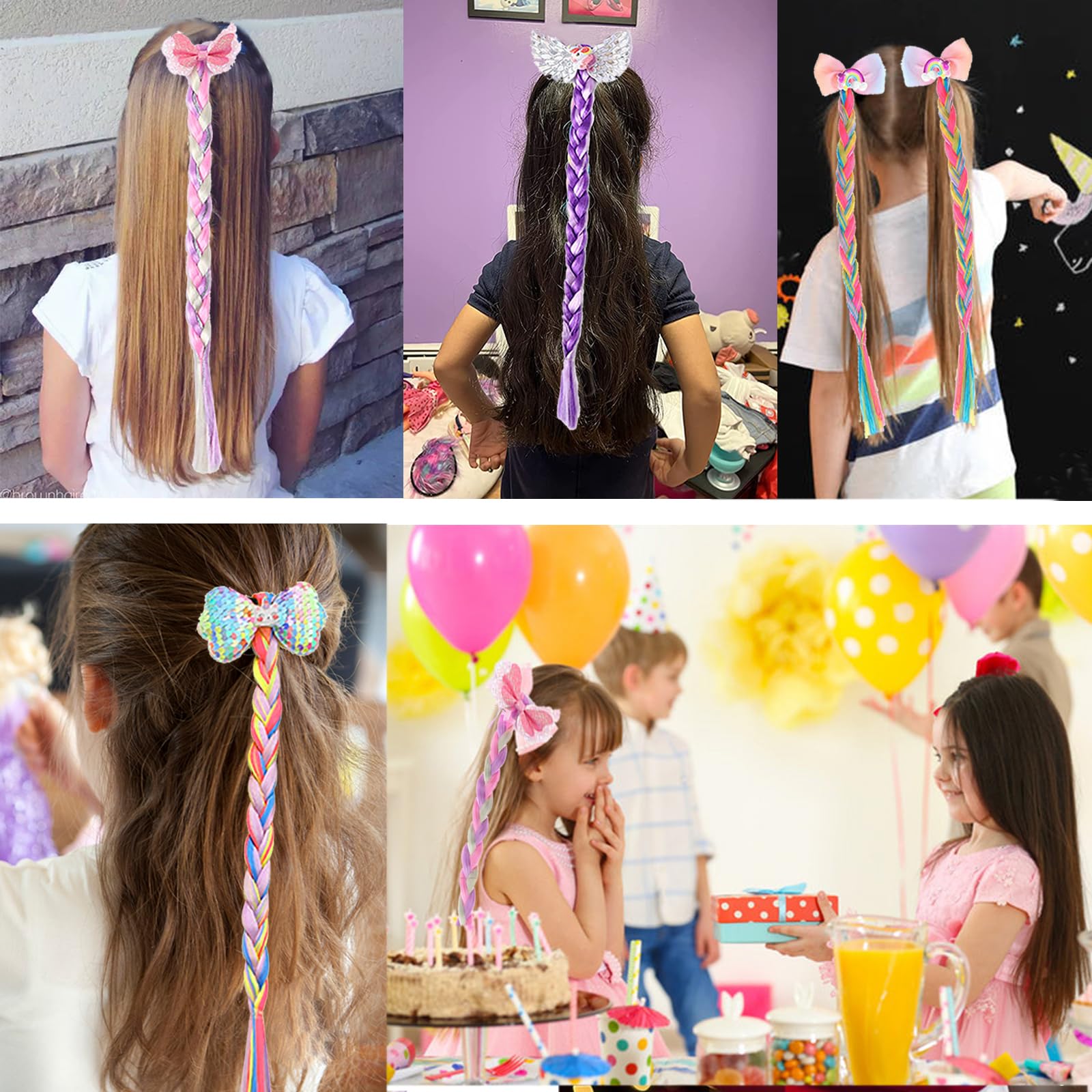 6Pcs Girls Colored Braids Hair Extensions with Rubber Bands, Rainbow Braided Hairpieces Hair Bows Wig Ponytails Kids Favor DIY Hair Accessories for Girls Gift Birthday Party Cosplay Daily Dress Up