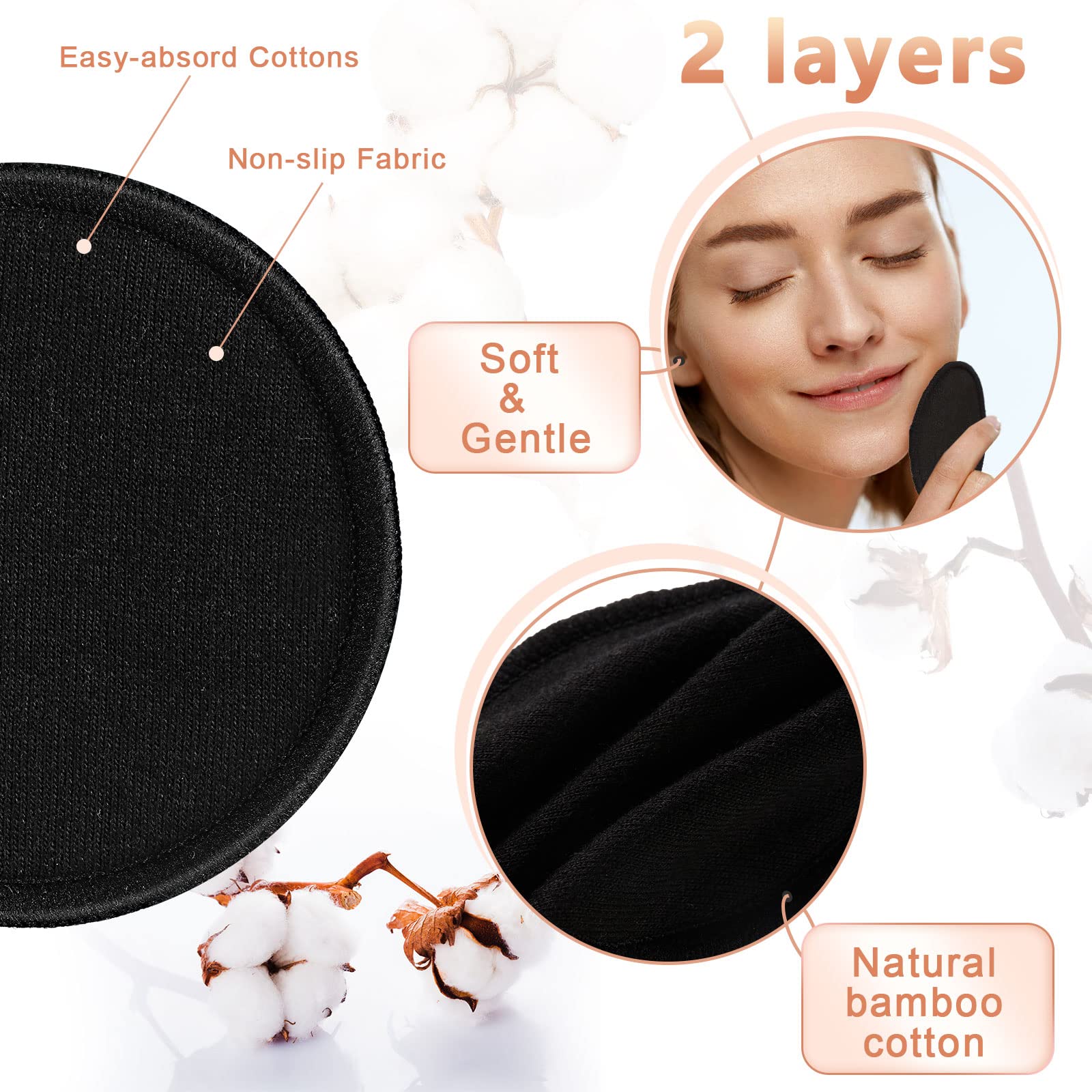 Foaincore 40 Pcs Cotton Rounds Pads Reusable with Washable Laundry Bag Waste Free Facial Round Soft Reusable Face Pad Large Bamboo Cotton Rounds for Toner with Bamboo Holder for Storage(Black)