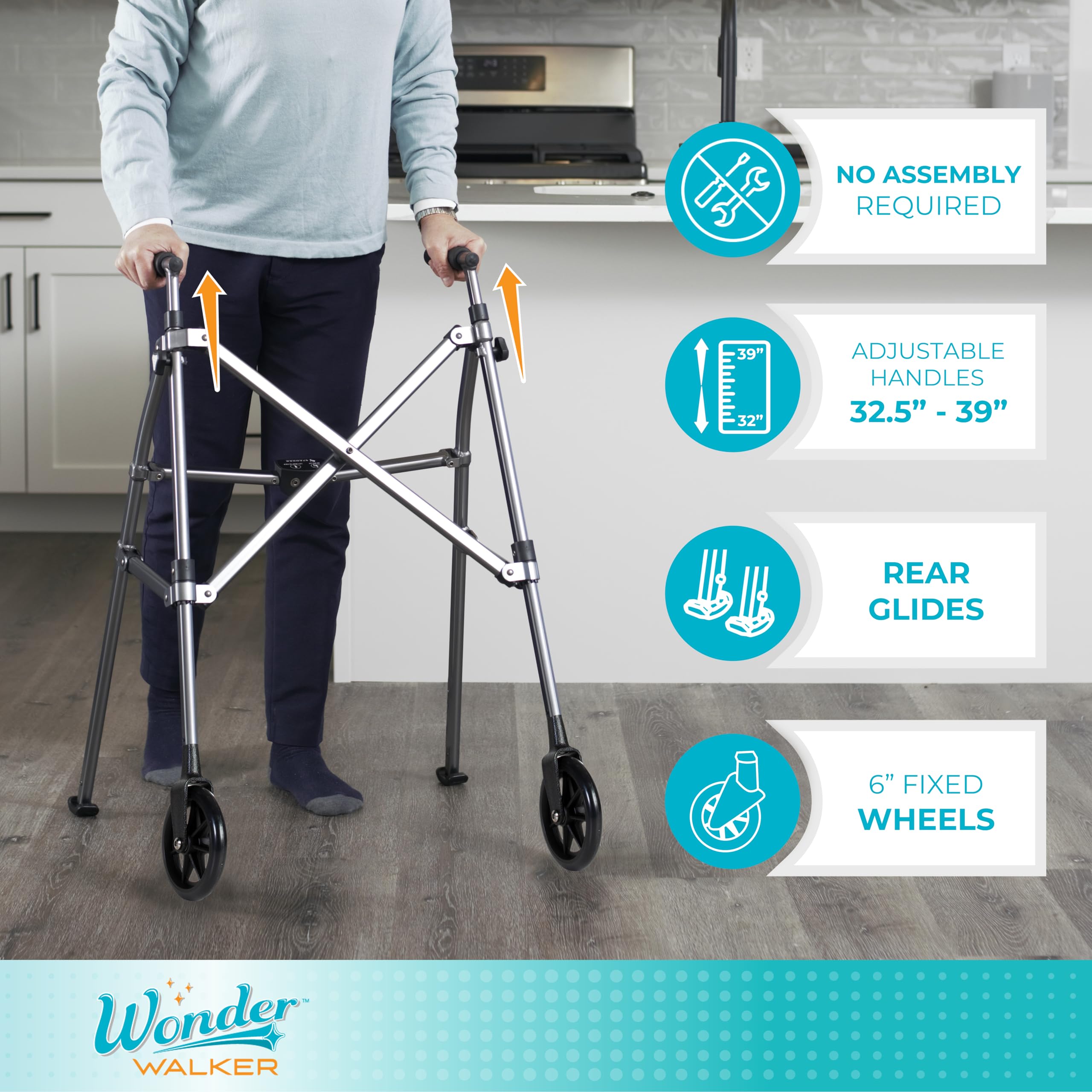 Stander Wonder Walker, Lightweight Foldable Space Saver Rolling Walker for Adults, Seniors, and Elderly, Compact Travel Walker with 6-inch Wheels and Ski Glides for Mobility Support, Desert Sand