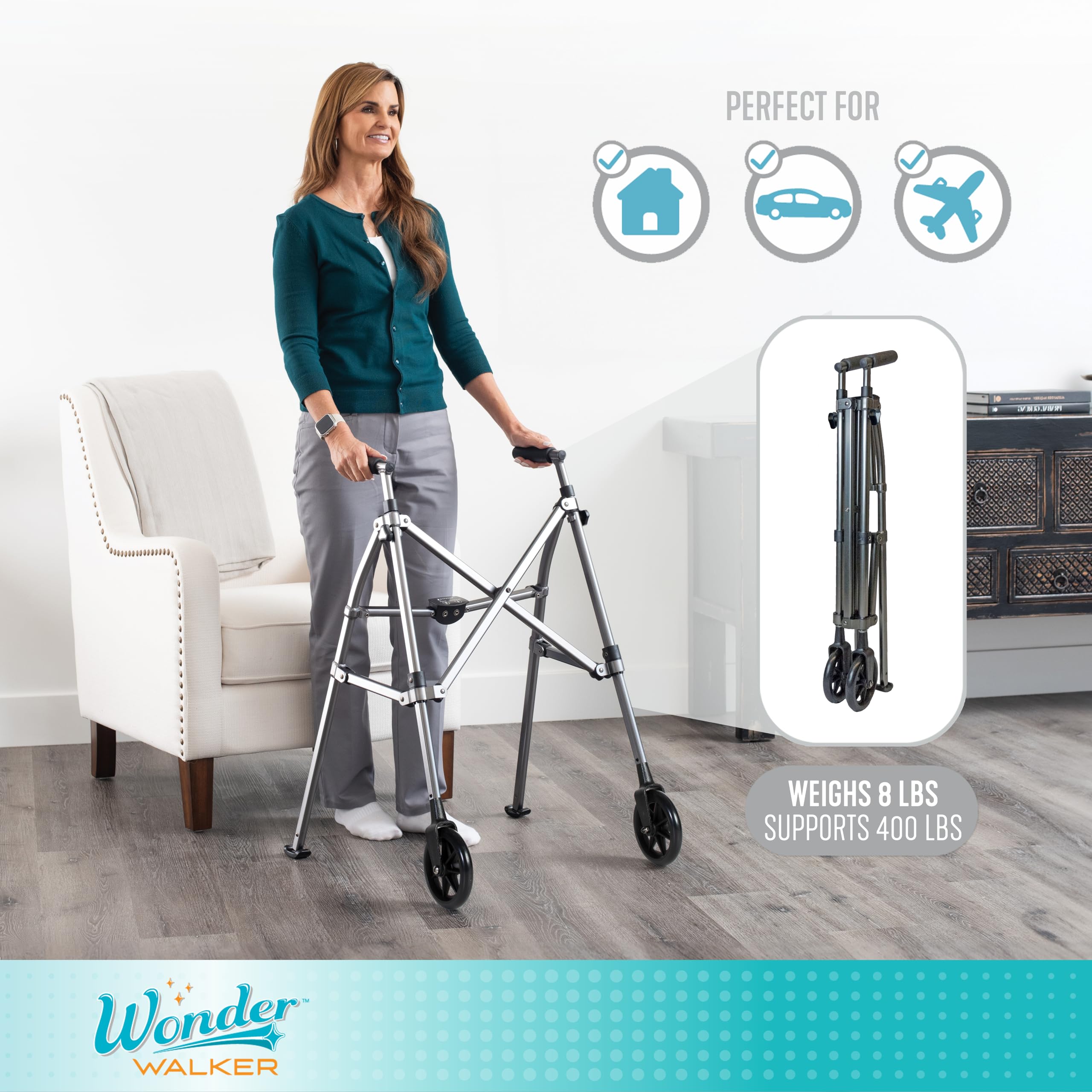 Stander Wonder Walker, Lightweight Foldable Space Saver Rolling Walker for Adults, Seniors, and Elderly, Compact Travel Walker with 6-inch Wheels and Ski Glides for Mobility Support, Desert Sand