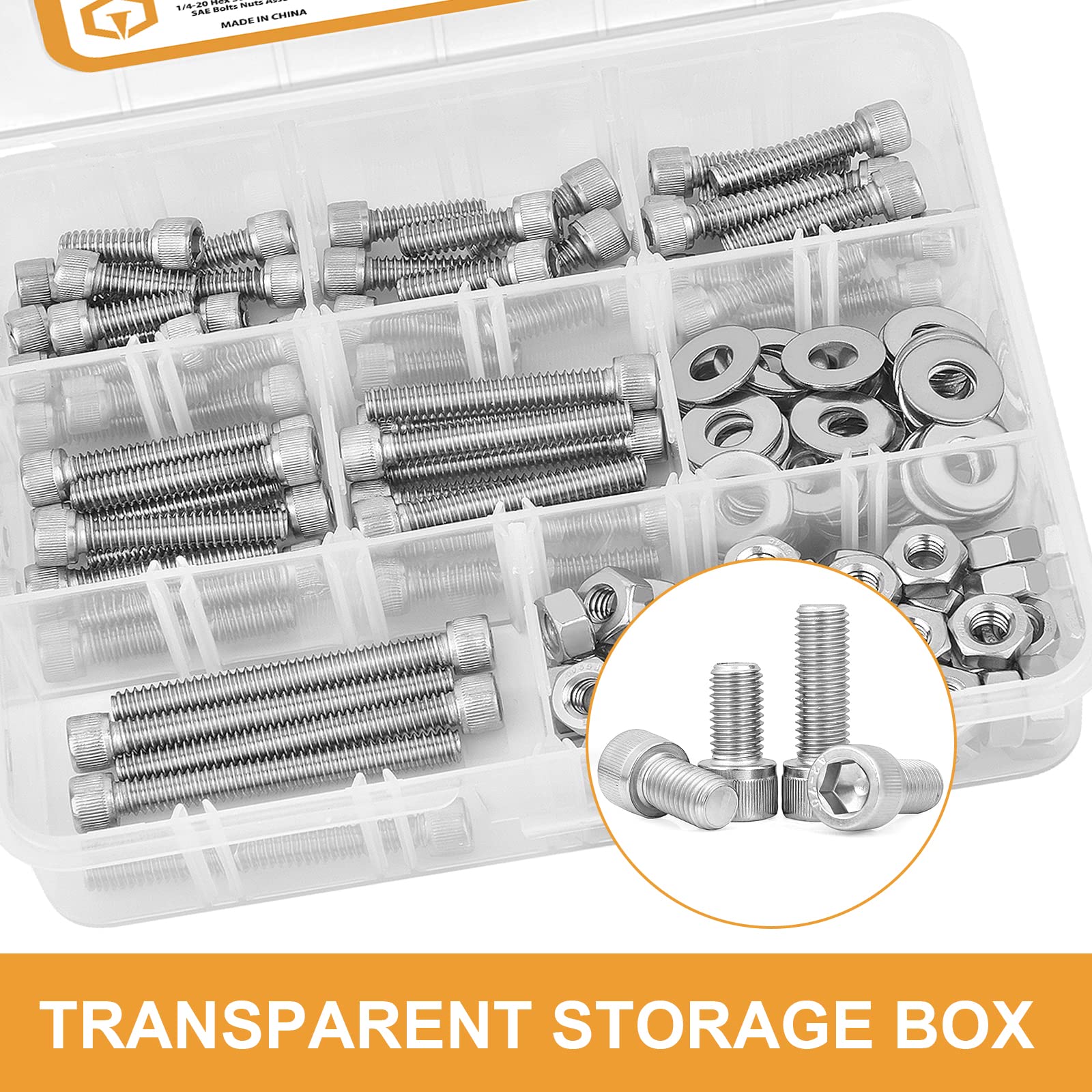 1/4-20 Hex Head Cap Screws, VIGRUE 304 Stainless Steel UNC Hexagon Bolts Flat Washers Nuts Assortment