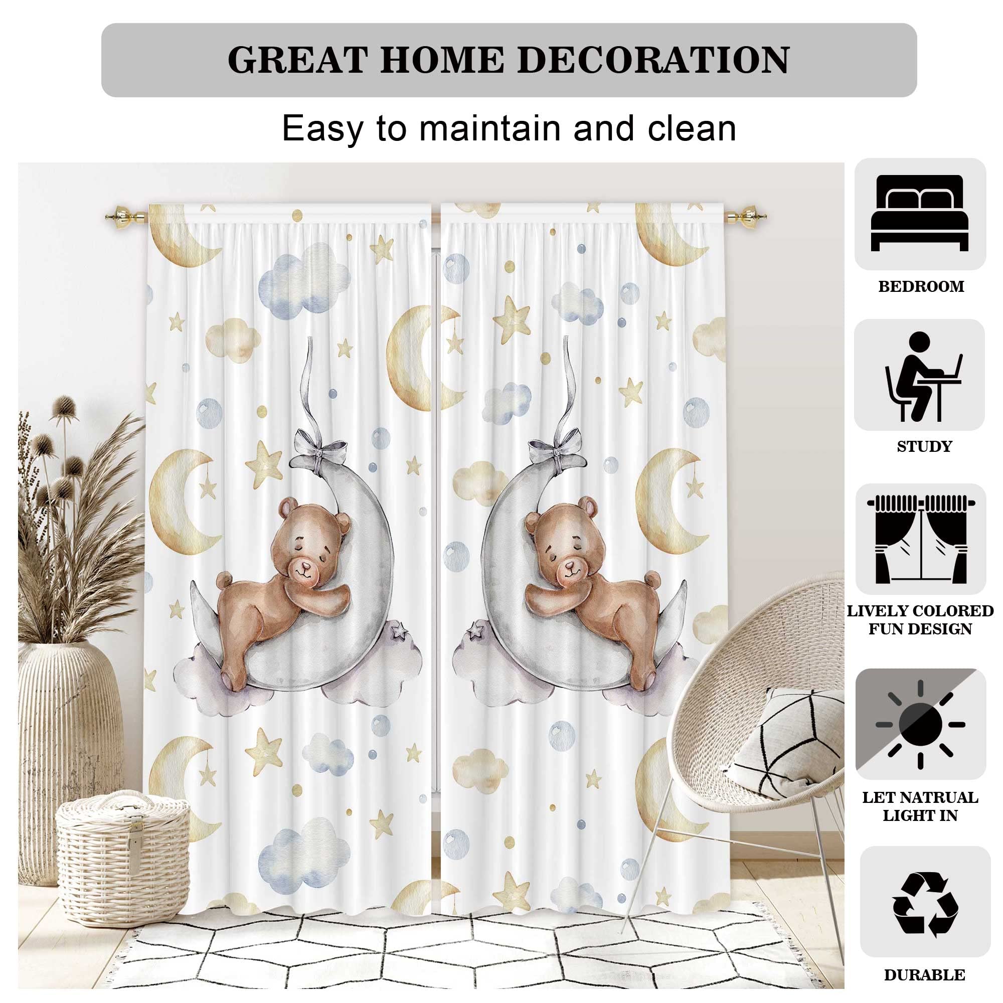 Felortte 82" Wx 84" L Cartoon Lovely Bear Moon and Stars Window Curtains for Baby Room Bedroom Nursery Home Decor Decorations with Fabric Machine Washable