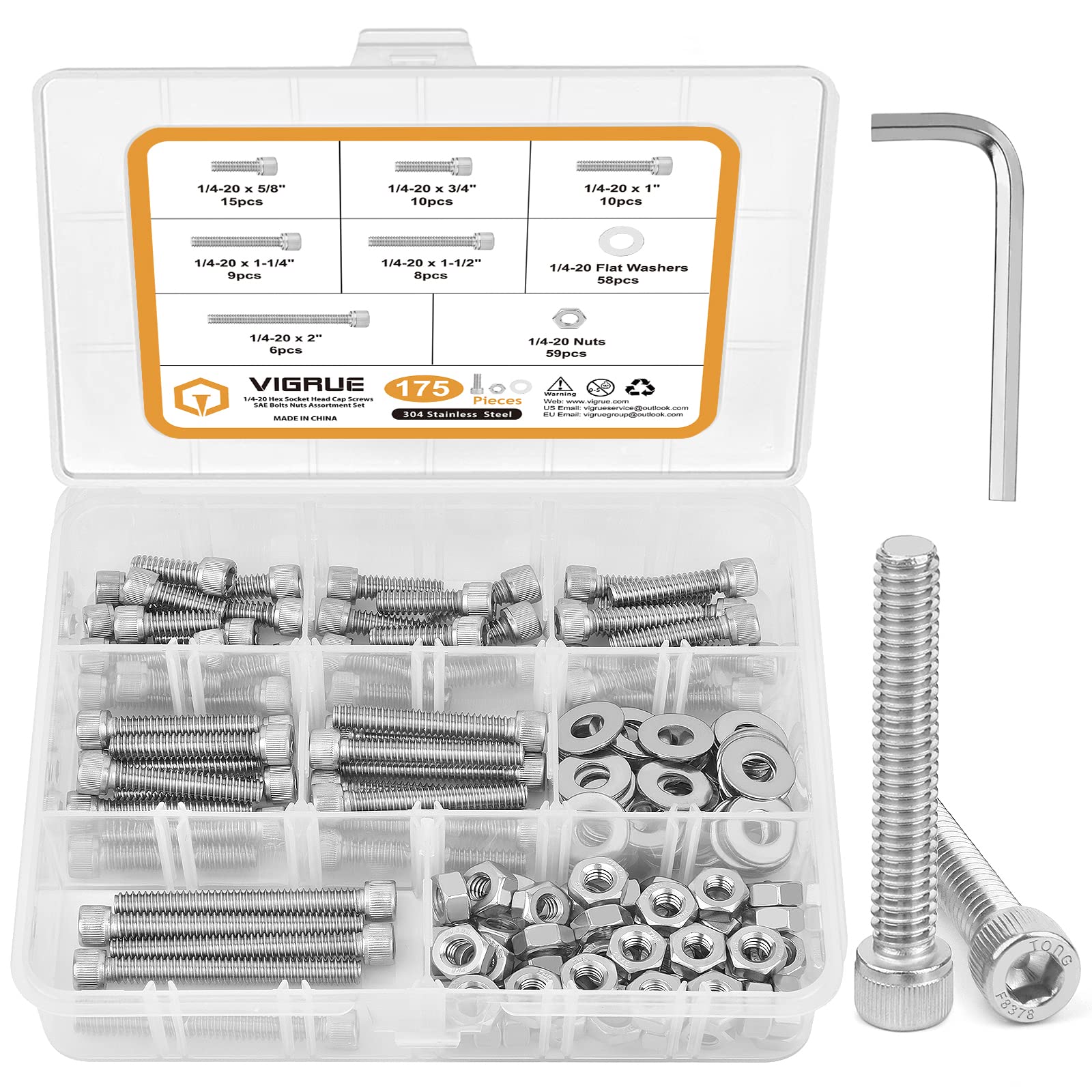 1/4-20 Hex Head Cap Screws, VIGRUE 304 Stainless Steel UNC Hexagon Bolts Flat Washers Nuts Assortment