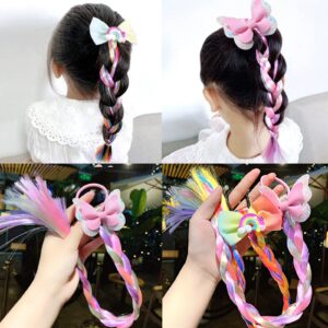 6Pcs Girls Colored Braids Hair Extensions with Rubber Bands, Rainbow Braided Hairpieces Hair Bows Wig Ponytails Kids Favor DIY Hair Accessories for Girls Gift Birthday Party Cosplay Daily Dress Up