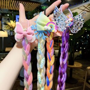 6Pcs Girls Colored Braids Hair Extensions with Rubber Bands, Rainbow Braided Hairpieces Hair Bows Wig Ponytails Kids Favor DIY Hair Accessories for Girls Gift Birthday Party Cosplay Daily Dress Up