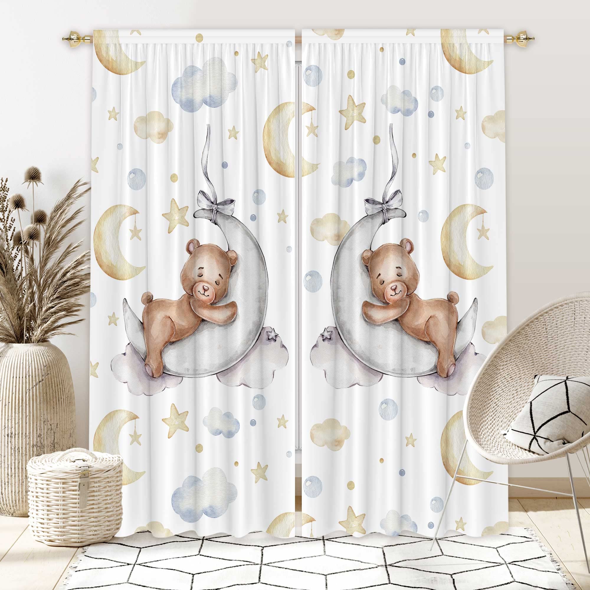 Felortte 82" Wx 84" L Cartoon Lovely Bear Moon and Stars Window Curtains for Baby Room Bedroom Nursery Home Decor Decorations with Fabric Machine Washable