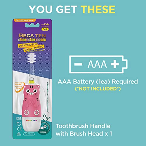 MEGA TEN 360-Degree Kids Electric Toothbrush Made in Korea | LED Light & Soft Microfiber Bristles & Comfortable Grip | Fun & Easy Brushing for Kids 12-48 Months | Built-in Timer | BPA Free | Pink Cat