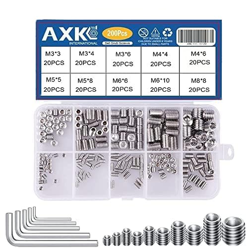 AXK Set Grub Screw M3 M4 M5 M6 M8 Metric Thread Hex Allen Socket Head Cap Screw Bolt Hexagon Hex Drive Cup Point Screw Assortment Kit Set Alloy Steel l Screw (200PCS Stainless Steel)