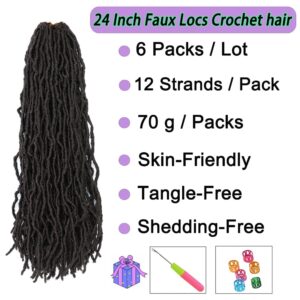 Faux Locs Crochet Hair 24 inch Soft Locs for Butterfly Locs Crochet Hair for Black Women New Faux Locs Pre Looped Curly Wavy Braiding Hair Extension (6 Packs,1B)