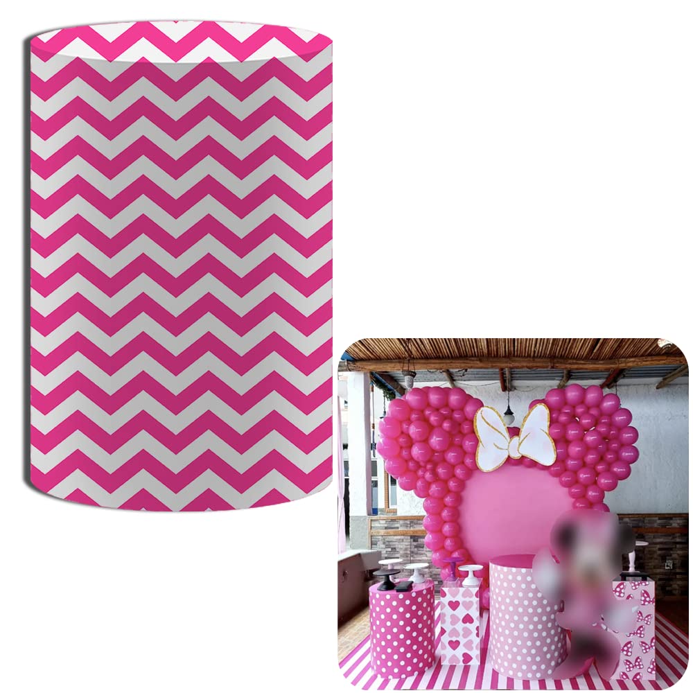 NIVIUS PHOTO Pink Zigzag Line White Cylinder Cover for Baby Girl Birthday Party Decoration Stretchy Cloth Plinth Cover Pedestal Cover