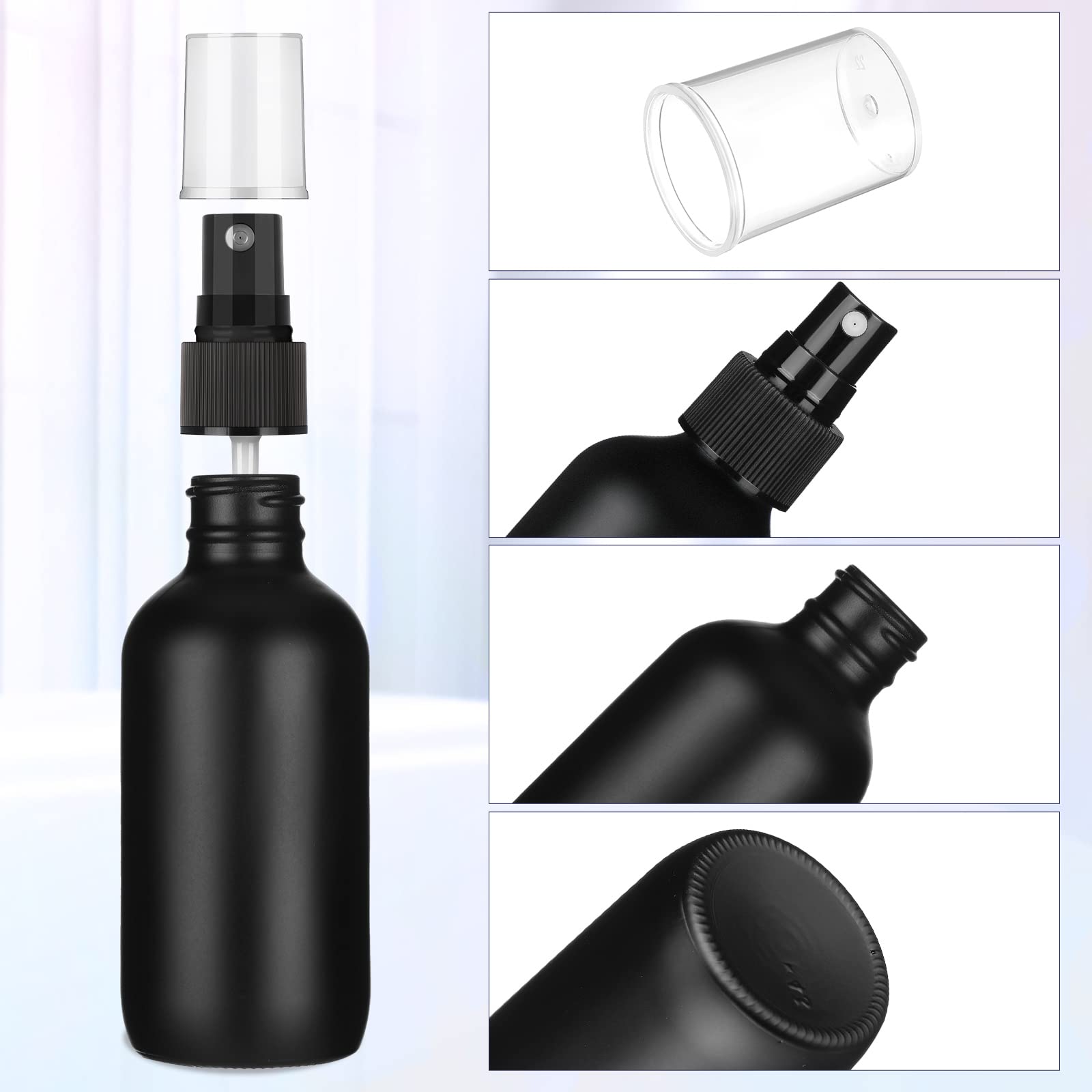 Nuogo 50 Pieces Mini Glass Spray Bottles Bulk 4 Oz Spray Bottles Fine Mist Glass Bottles with Funnel Dropper and Cleaning Brush Refillable for Essential Oils, Perfumes and Aromatherapy (Black)