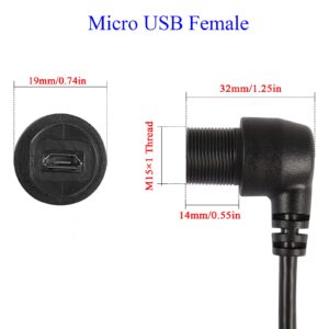 QIANRENON 90° Micro USB Panel Flush Mount Waterproof Extension Cable Micro USB 5 Pin Right Angle Male to Female Connector for Fixied on Dashboard of Car,Boat,Motorcycle,28cm/11in (Left Bend)