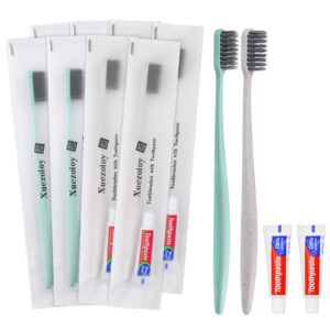 xuezoioy disposable toothbrushes with toothpaste,100 pack individually wrapped disposable travel toothbrushes kit in bulk for homeless,nursing home,hotel,charity (apricot+green)