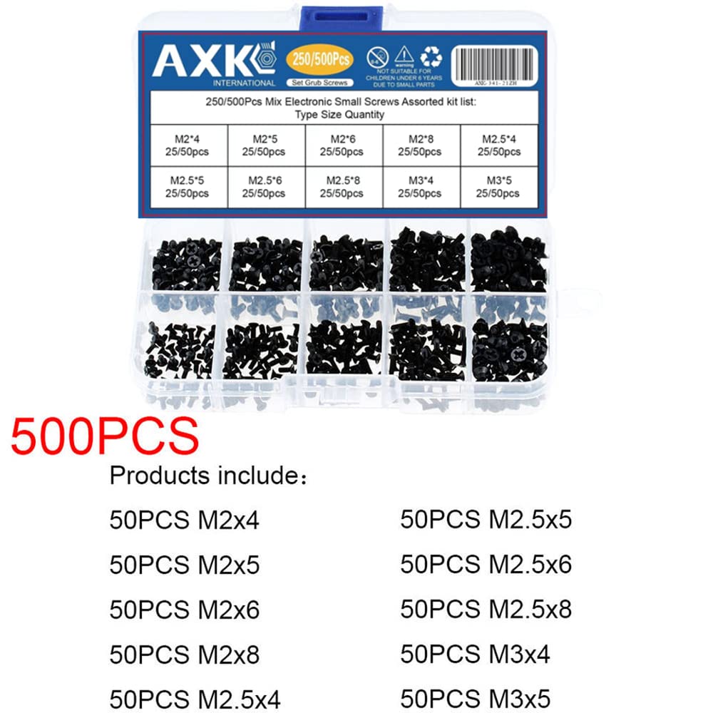 AXK GB819 M2 M2.5 M3 KM Screw Flat Head Phillips Screws Laptop Notebook Screws Set Kit for Computer Small Screw 250Pcs/500Pcs (250)