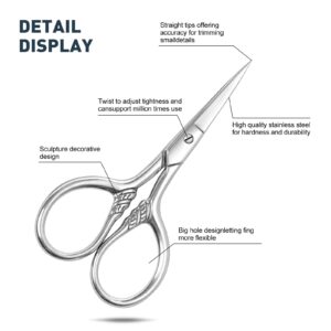 LOBODT Small Facial Hair Scissors, Stainless steel (silver) Straight Tip Snips Beauty Grooming Kit for Eyebrows, Beard, Ear, Nose, Moustache Trimming with PU Case