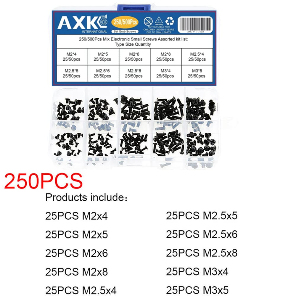 AXK GB819 M2 M2.5 M3 KM Screw Flat Head Phillips Screws Laptop Notebook Screws Set Kit for Computer Small Screw 250Pcs/500Pcs (250)