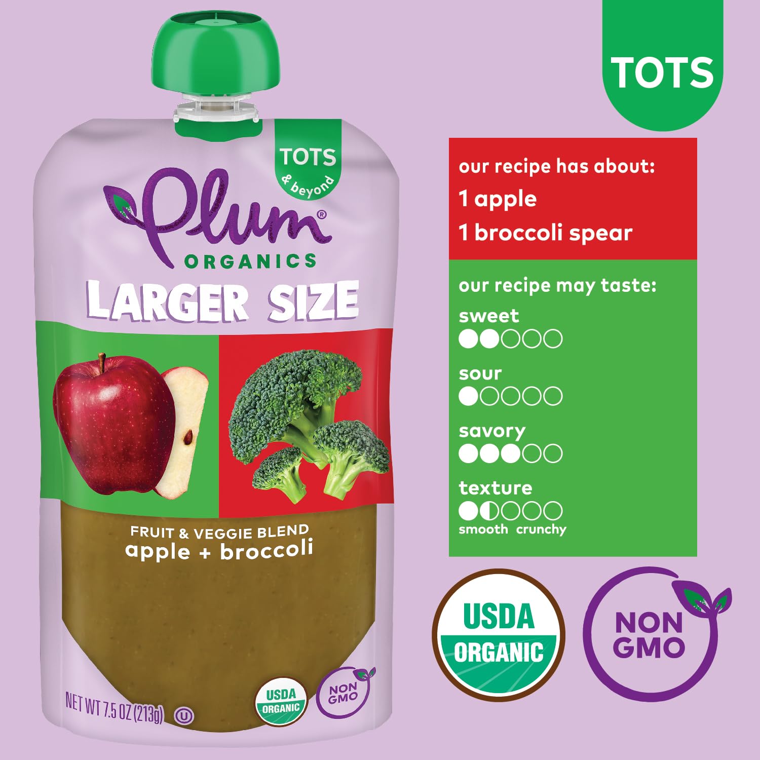 Plum Organics Tots & Beyond Apple & Broccoli Fruit & Veggie Blend, Kosher, USDA Certified Organic, Non-GMO, 7.5 Ounce (Pack of 6)