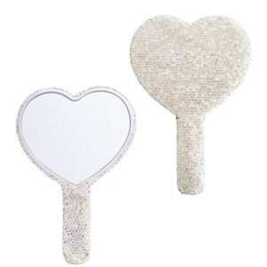 wowagoga sparkling rhinestone heart shaped handheld mirror heart mirror cosmetic hand mirror with handle cute hand mirror for women girls(white)