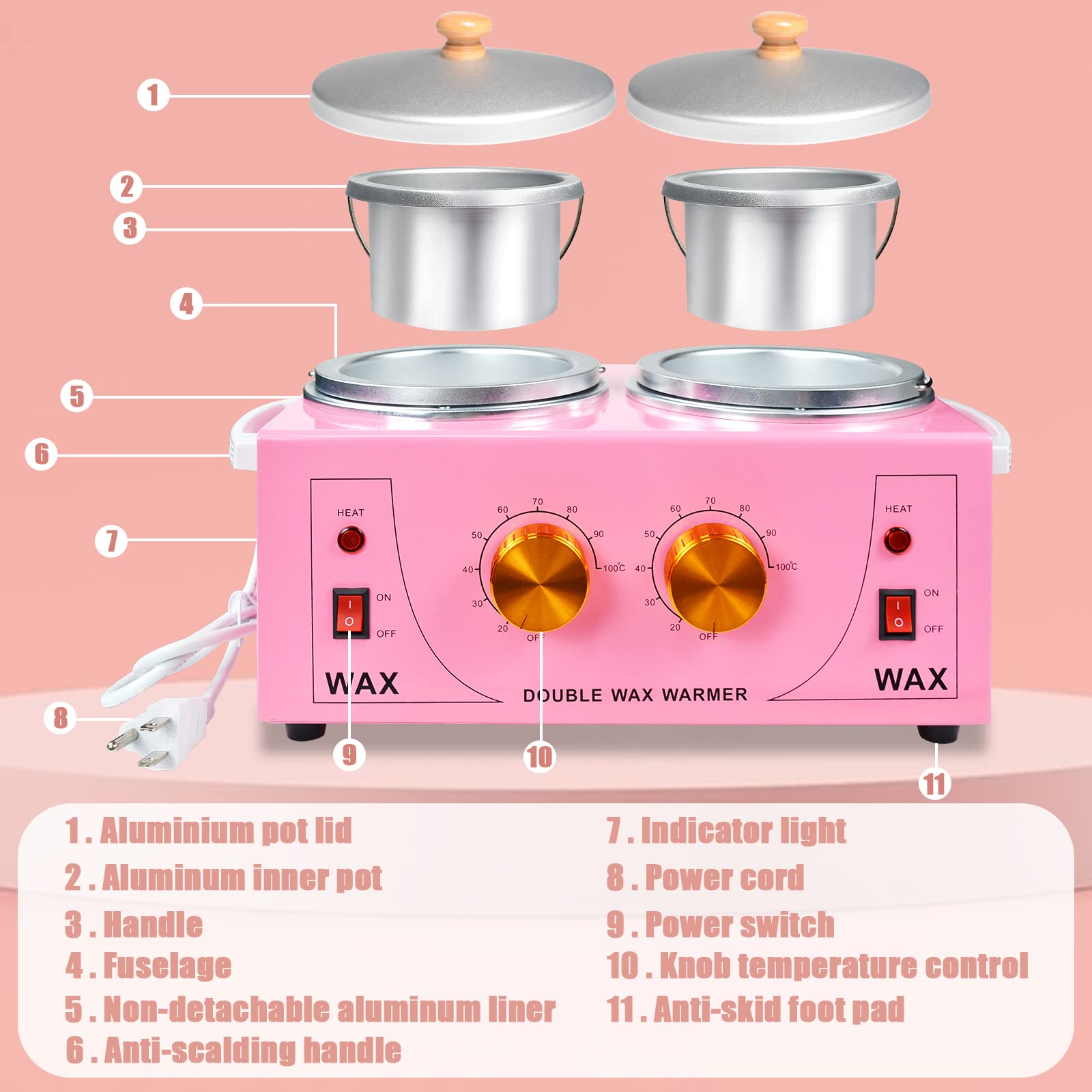 Double Wax Warmer Electric Wax Warmer Professional Machine for Hair Removal, Wax Heater for Paraffin Facial Skin Body Spa Salon Equipment with 100 Waxing Cloth And 50 Removal Wooden Craft Sticks