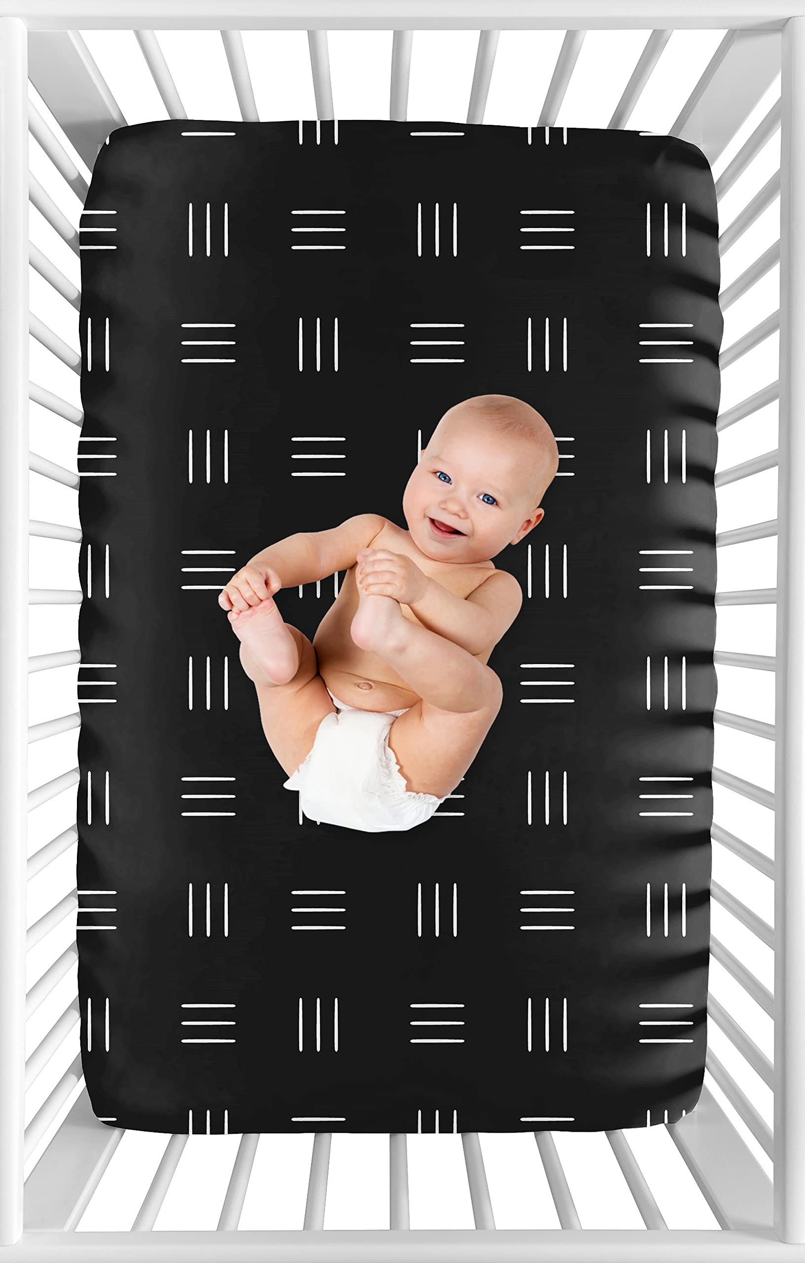 Sweet Jojo Designs Black and White Boho Mudcloth Boy Girl Fitted Mini Crib Sheet Baby Nursery Portable Crib Pack and Play Bohemian Woodland Tribal Southwest Geometric Mud Cloth Hatch Triple Line