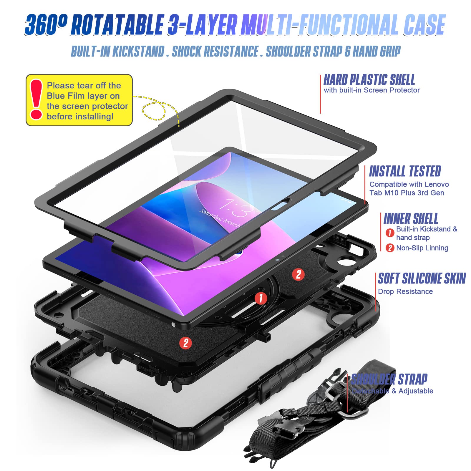 Herize Case for Lenovo Tab M10 Plus 3rd Gen 10.6 Inch 2022 | TB125FU/TB128FU/TB128XU Case with Screen Protector Pen Holder | 3 Layer Shockproof Rugged Sturdy Rubber Protective Case W/Shoulder Strap