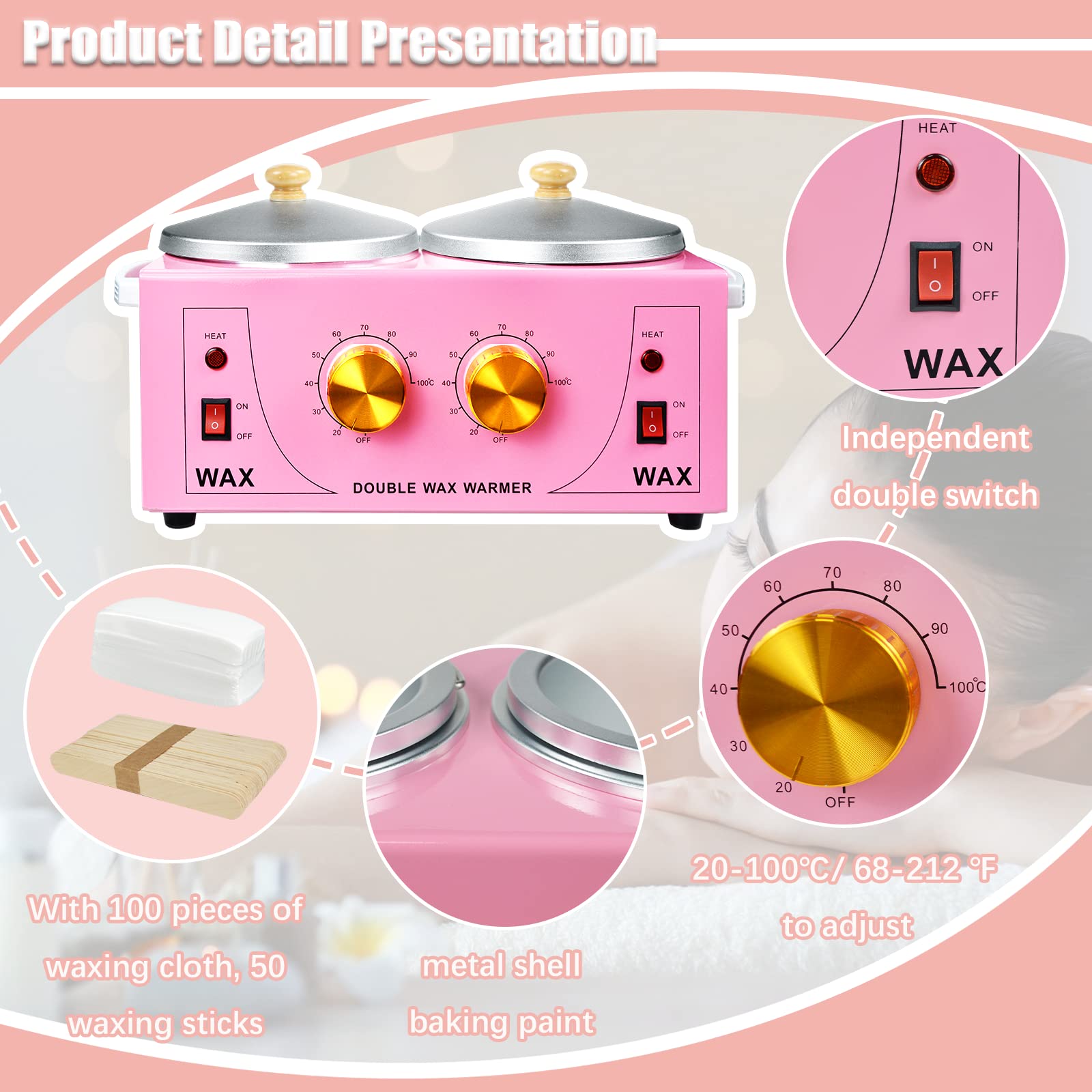 Double Wax Warmer Electric Wax Warmer Professional Machine for Hair Removal, Wax Heater for Paraffin Facial Skin Body Spa Salon Equipment with 100 Waxing Cloth And 50 Removal Wooden Craft Sticks