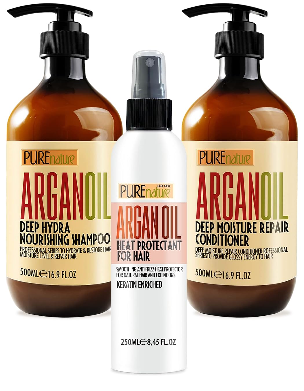 PURE NATURE Moroccan Argan Oil Shampoo and Conditioner Set and Heat Protectant Spray for Hair with Keratin