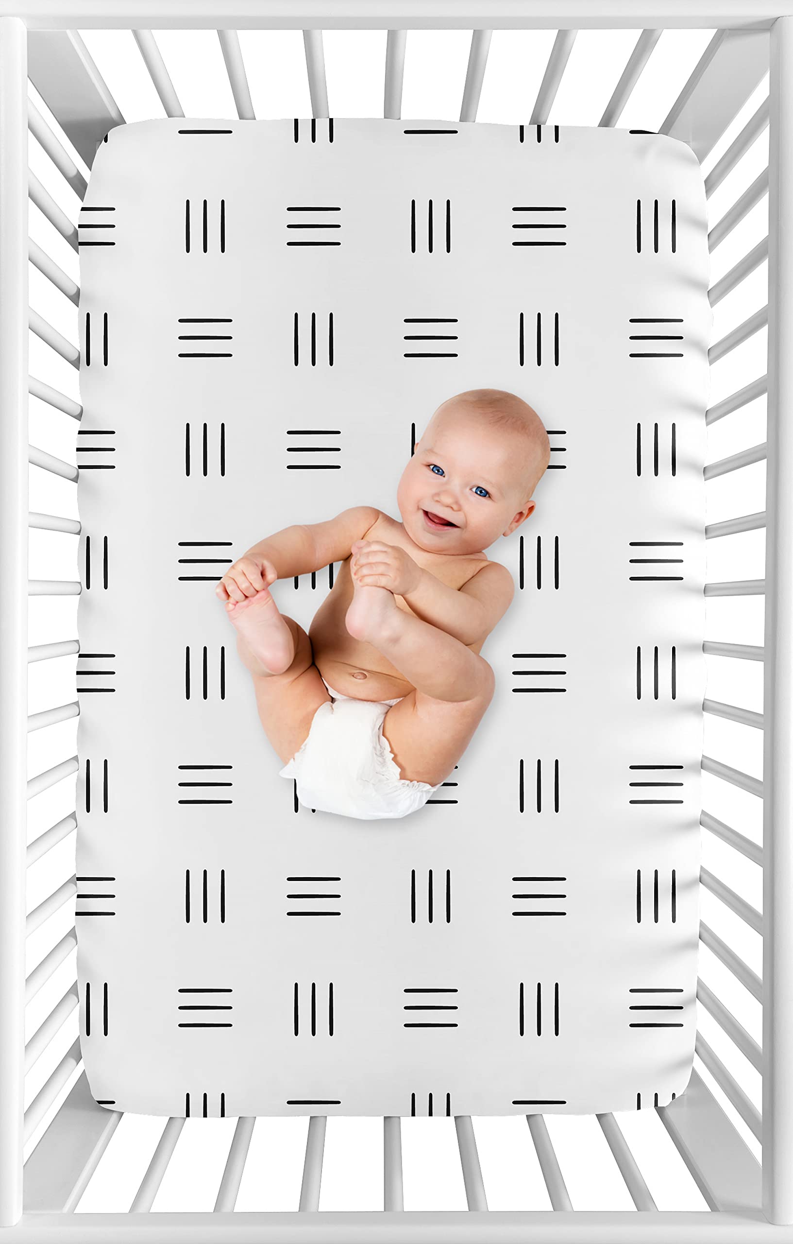 Sweet Jojo Designs White and Black Boho Mudcloth Boy Girl Fitted Mini Crib Sheet Baby Nursery Portable Crib Pack and Play Black and White Bohemian Woodland Tribal Southwest Mud Cloth Hatch Triple Line