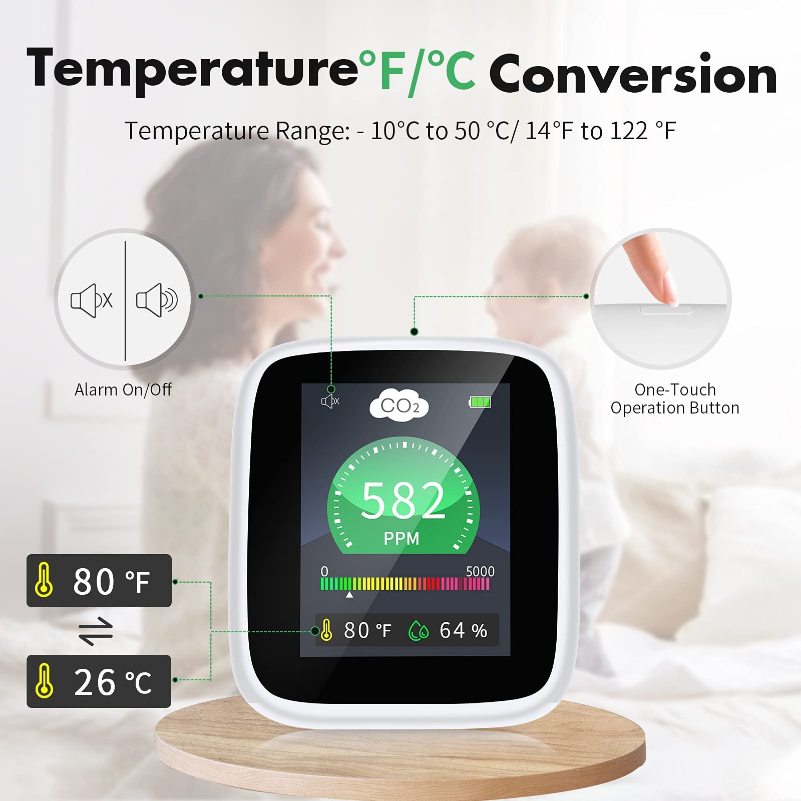 CO2 Carbon Dioxide Detector, 4-in-1 Indoor Air Quality Monitor Portable CO2 Monitor, Tester for Carbon Dioxide, Temperature and Relative Humidity, CO2 Meter with Alarm, for Grow Tents, Homes, Cars