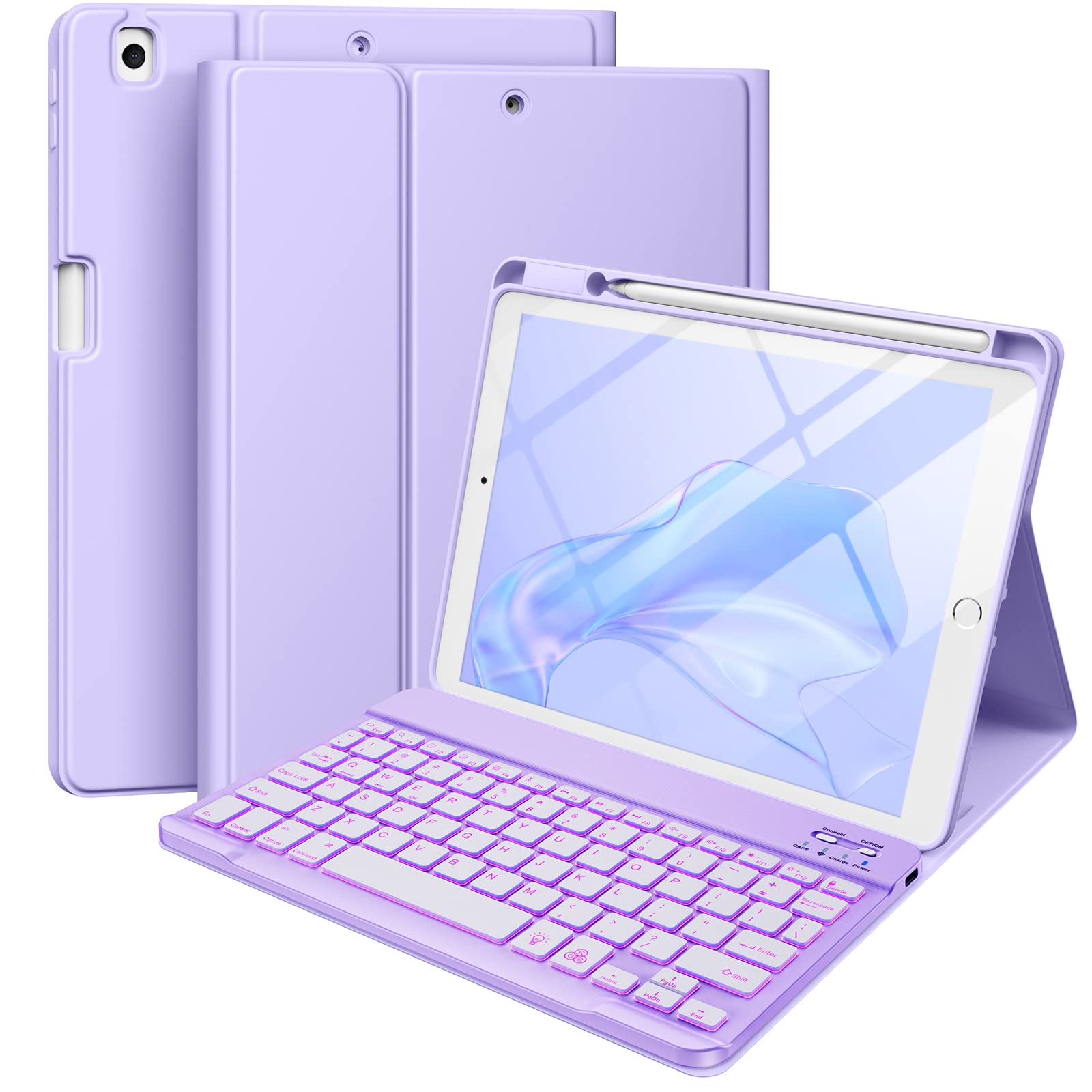 Hamile for iPad 9th Generation Case with Keyboard 10.2 Inch - Backlit Wireless Detachable Folio Keyboard Cover with Pencil Holder for iPad 8th Gen/7th Gen/iPad Pro 10.5"/iPad Air 3rd Gen (Purple)