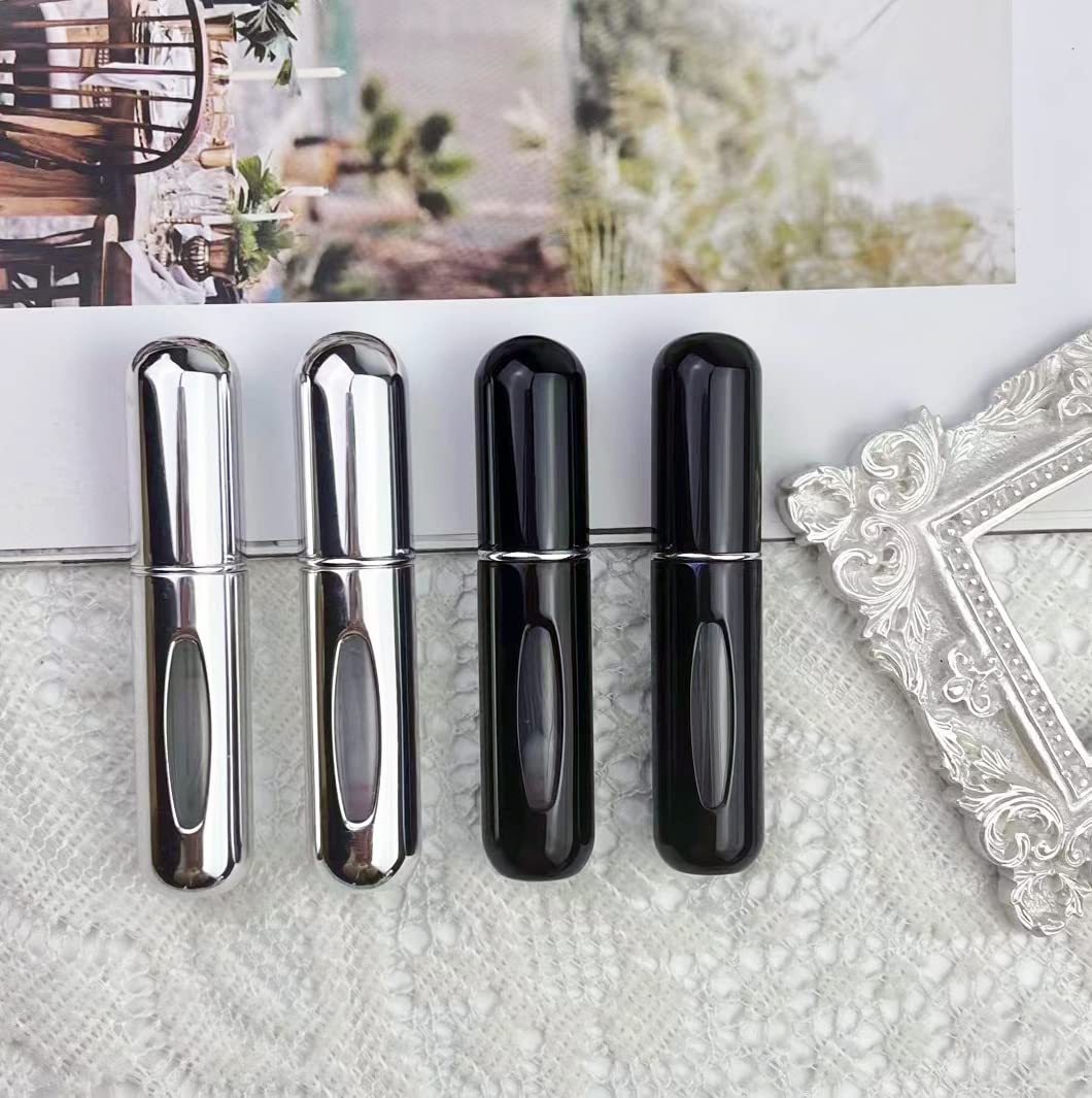 Ryanste 4 Pcs Refillable Travel Perfume Bottle, 5 ml Mini Perfume Refillable Bottle Portable Travel Fragrance Atomizer for Outdoor Travel (Black + Silver)