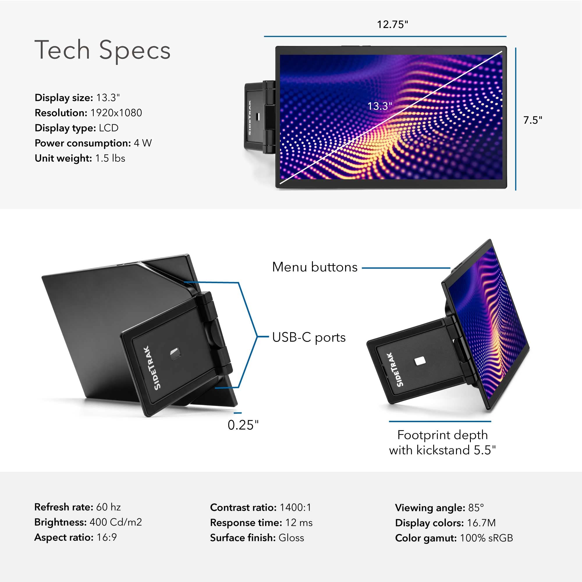 SideTrak Swivel Pro Triple 13.3" Ultra Slim Attachable Portable Monitor, FHD IPS 1080p Laptop Screens with Kickstand + Unique Patented Swivel Hinge, for Mac, PC, and Chromebook, USB-C Port Connection