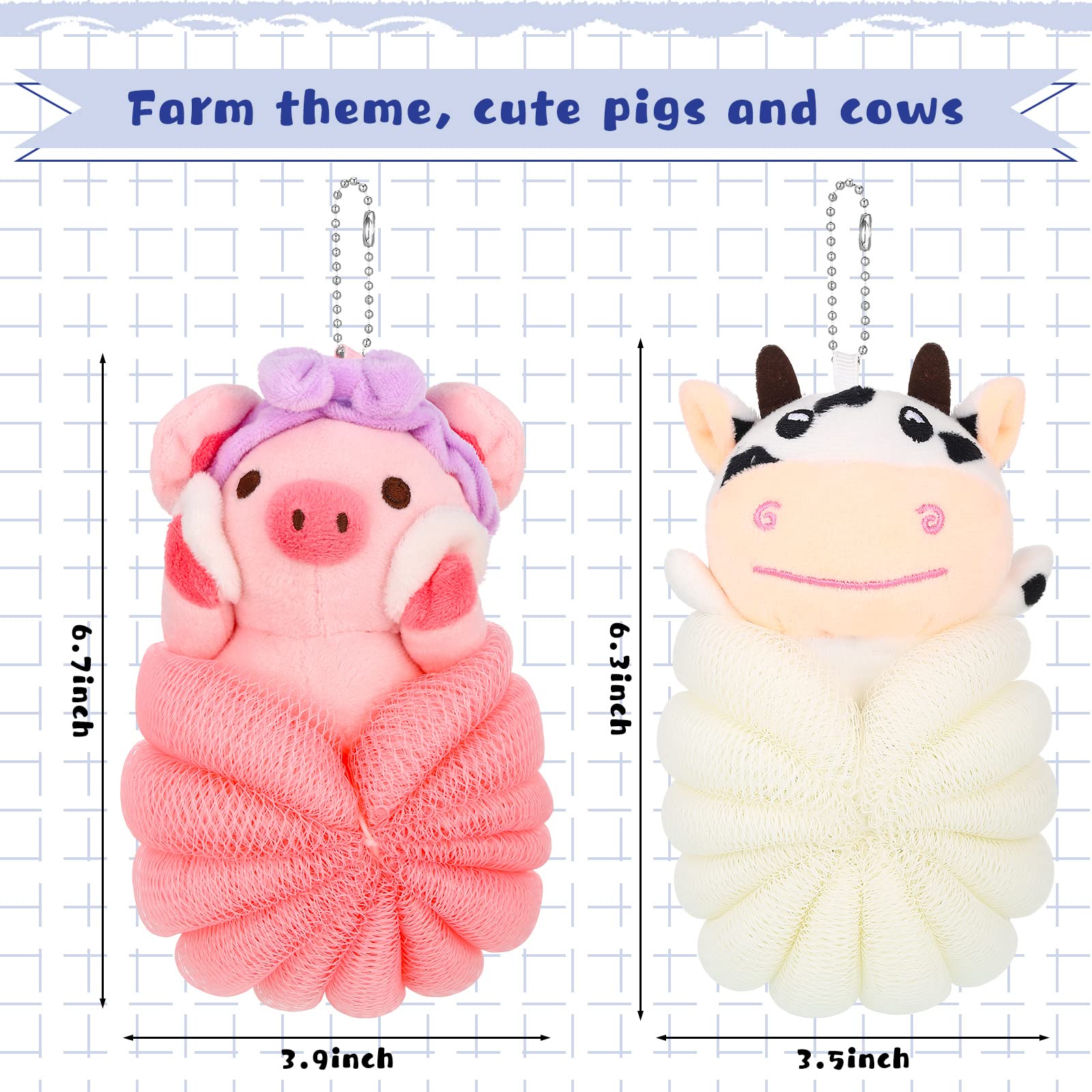 2 Pcs Bath Sponge Kids Body Shower Loofah Cute Animal Loofah Sponge Cartoon Shower Loofah Colorful Baby Bath Pouf Mesh for Toddler Children Adults Gifts Shower Washing Exfoliating (Pig, Cow)