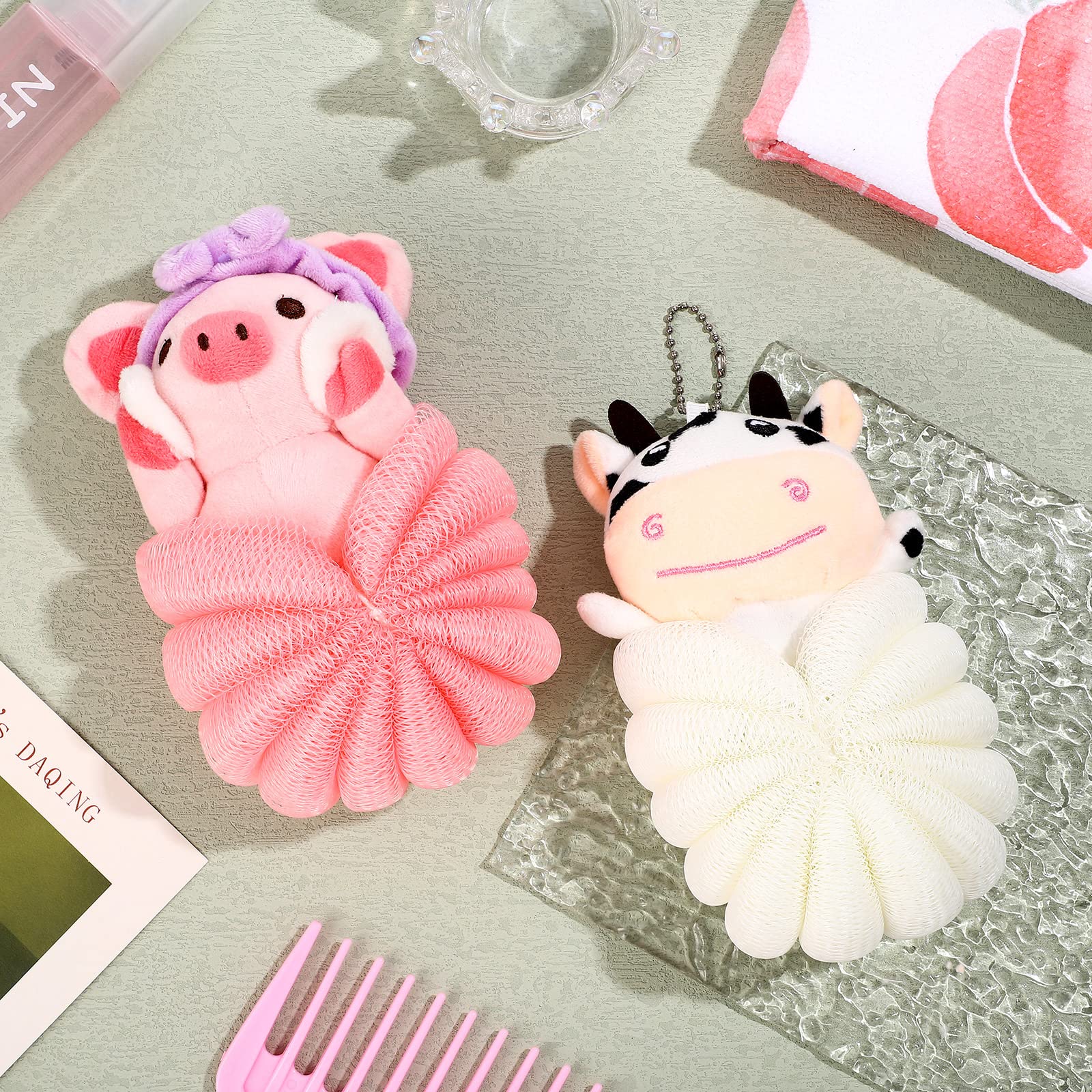 2 Pcs Bath Sponge Kids Body Shower Loofah Cute Animal Loofah Sponge Cartoon Shower Loofah Colorful Baby Bath Pouf Mesh for Toddler Children Adults Gifts Shower Washing Exfoliating (Pig, Cow)