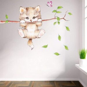 Cartoon Cute Cat On The Tree Branches Wall Decals, Removable Kitty Wall Stickers Decor Decal for Bedroom Wall Art Decoration