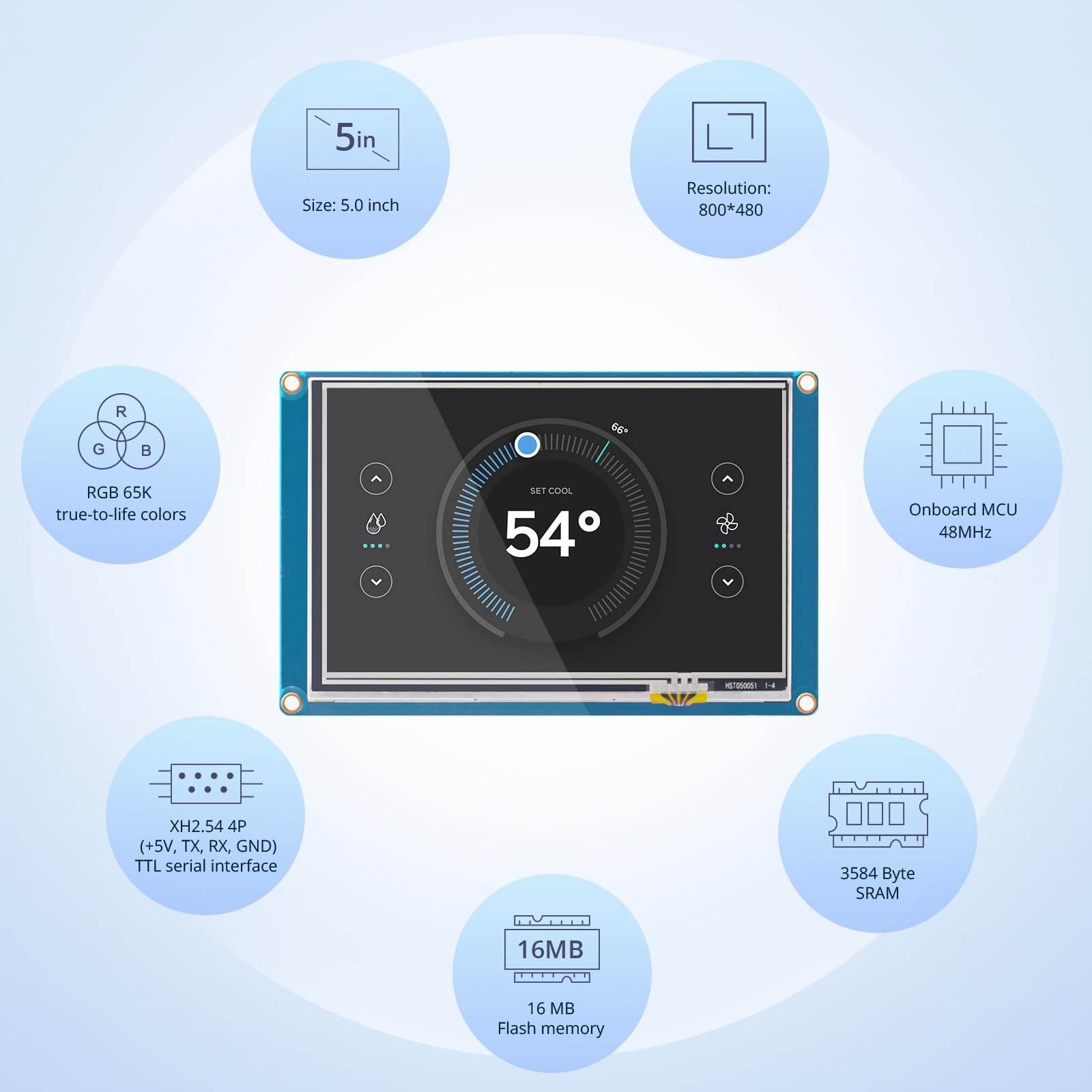 Nextion 5.0″ Basic HMI Display Module NX8048T050 LCD-TFT RGB 65K Resistive Touch Screen 800×480 Compatible for Arduino and Raspberry Pi, Suitable for 3D Printers, Vehicle HMI, Beauty Device, etc.