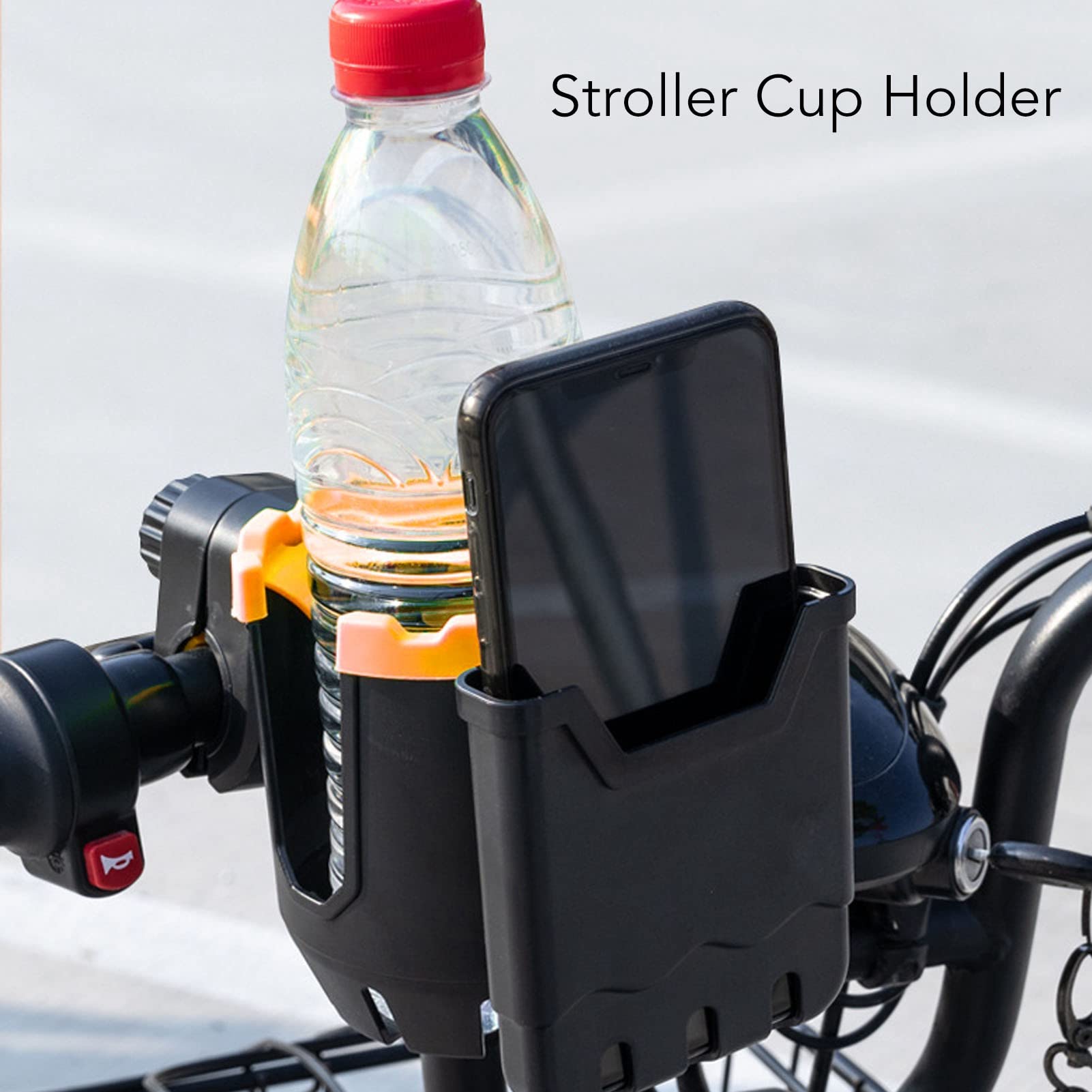 Stroller Cup Holder, Multifunction Water Bottle Holder with Large Caliber Designed, 360 Degrees Rotation Wheelchair Cup Holder, Portable Stroller Water Bottle Holder(Black Orange)