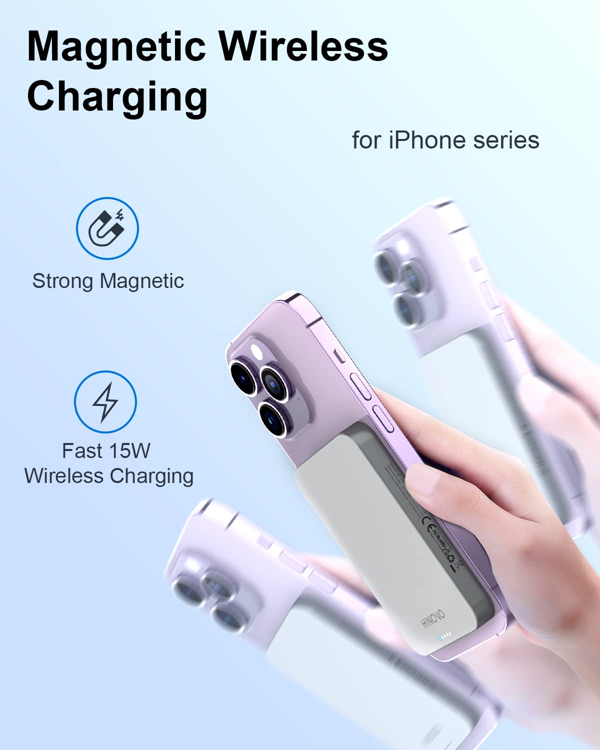 HINOVO Magnetic Power Bank, 10000mAh Wireless Portable Charger for iPhone, Wireless Battery Pack 15W Fast Charging, Compact Power Bank for iPhone 16/15/14/13/12, Compatible with MagSafe Phone Case