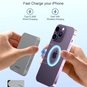 HINOVO Magnetic Power Bank, 10000mAh Wireless Portable Charger for iPhone, Wireless Battery Pack 15W Fast Charging, Compact Power Bank for iPhone 16/15/14/13/12, Compatible with MagSafe Phone Case