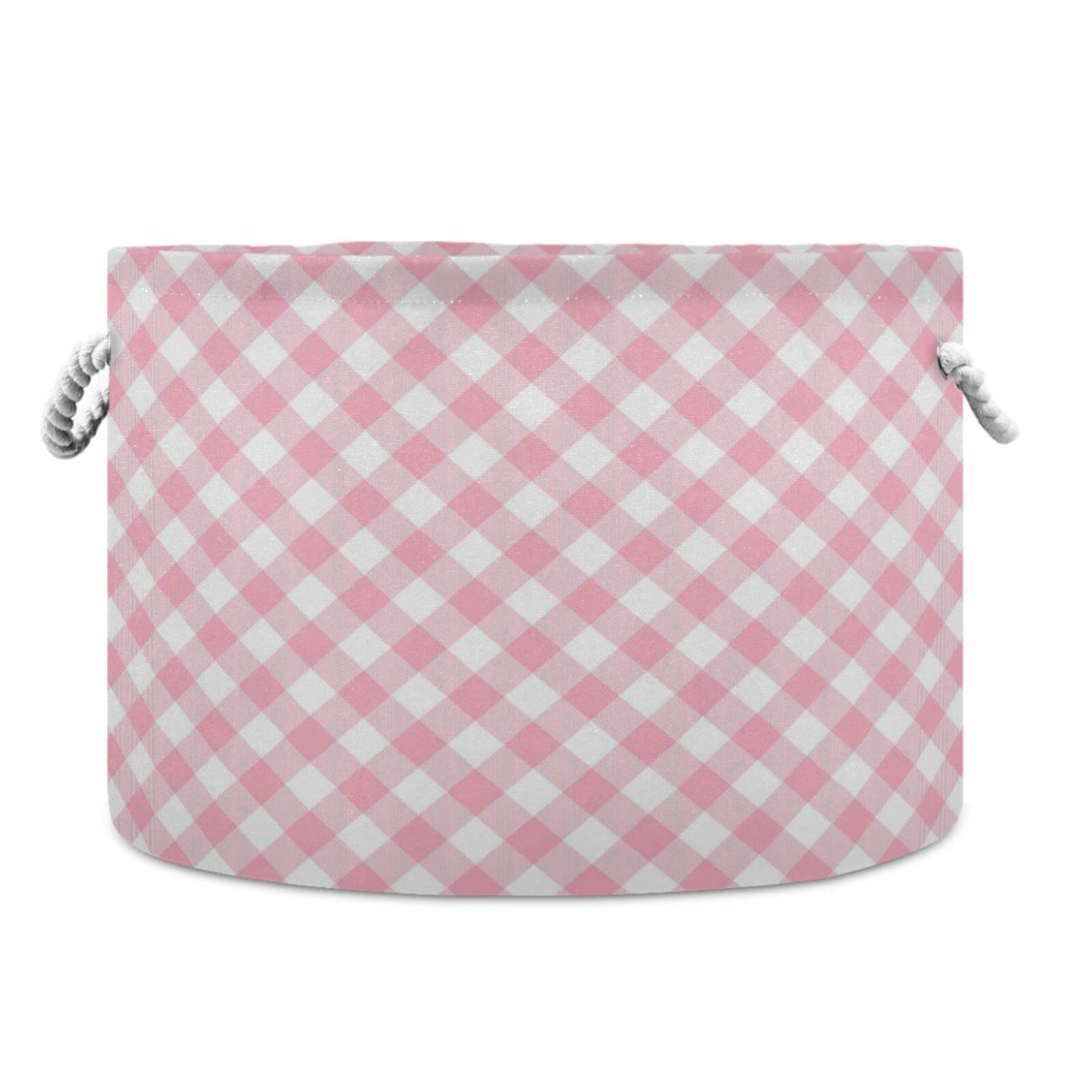 Kigai Storage Basket Pink Gingham Round Toy Baskets Foldable Nursery Organizer Waterproof Inner Layer with Sturdy Handles Clothes Laundry Hamper Bin