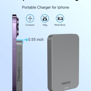 HINOVO Magnetic Power Bank, 10000mAh Wireless Portable Charger for iPhone, Wireless Battery Pack 15W Fast Charging, Compact Power Bank for iPhone 16/15/14/13/12, Compatible with MagSafe Phone Case