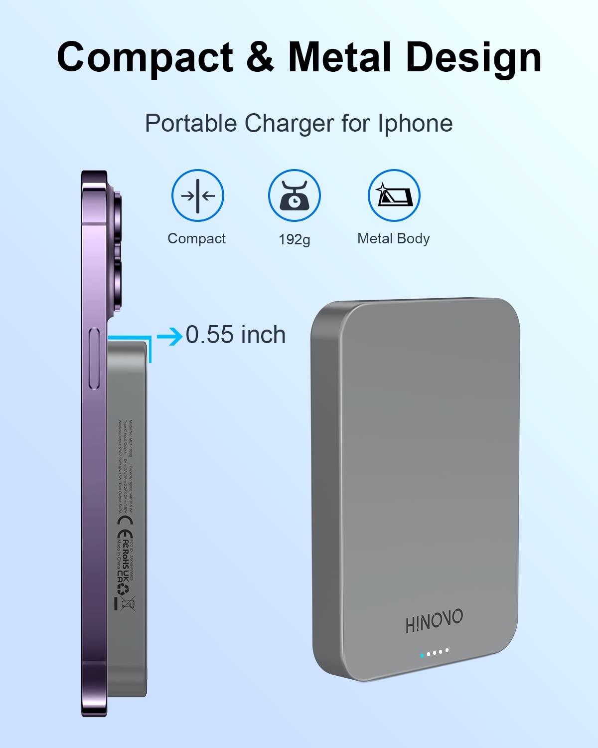 HINOVO Magnetic Power Bank, 10000mAh Wireless Portable Charger for iPhone, Wireless Battery Pack 15W Fast Charging, Compact Power Bank for iPhone 16/15/14/13/12, Compatible with MagSafe Phone Case