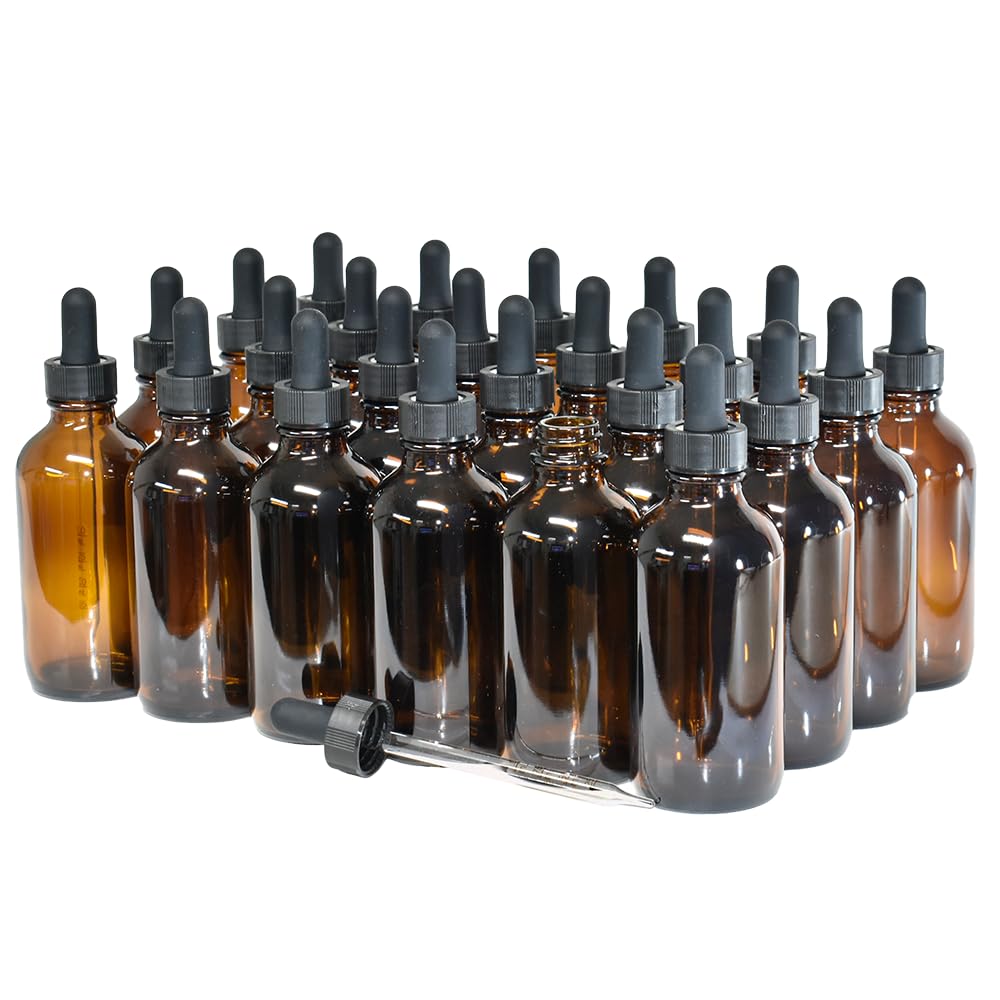 (Pack of 24) 4 oz. Amber Boston Round with Black Graduated Glass Dropper