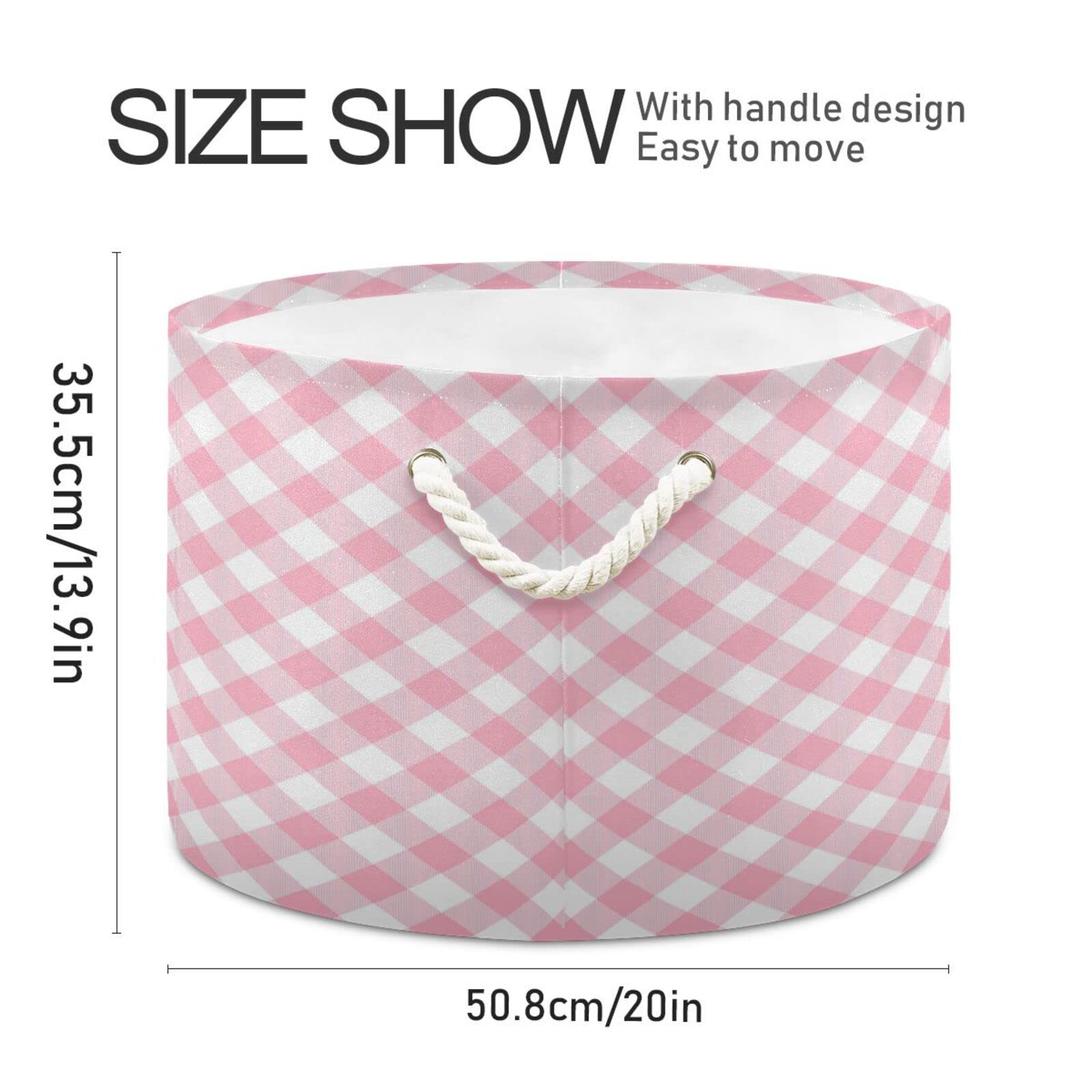 Kigai Storage Basket Pink Gingham Round Toy Baskets Foldable Nursery Organizer Waterproof Inner Layer with Sturdy Handles Clothes Laundry Hamper Bin