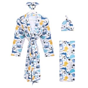 mommy and me robe and swaddle set floral print maternity and baby matching hospital labor delivery swaddling wrap blanket dress with headband hat for mom and girl boy 4pcs outfit blue dinosaur l/xl