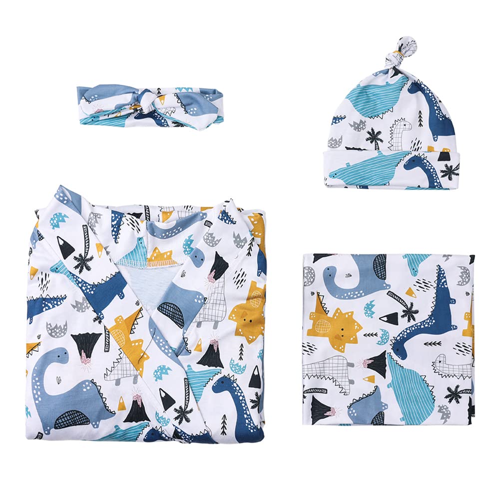 Mommy and Me Robe and Swaddle Set Floral Print Maternity and Baby Matching Hospital Labor Delivery Swaddling Wrap Blanket Dress with Headband Hat for Mom and Girl Boy 4pcs Outfit Blue Dinosaur L/XL