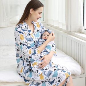 Mommy and Me Robe and Swaddle Set Floral Print Maternity and Baby Matching Hospital Labor Delivery Swaddling Wrap Blanket Dress with Headband Hat for Mom and Girl Boy 4pcs Outfit Blue Dinosaur L/XL