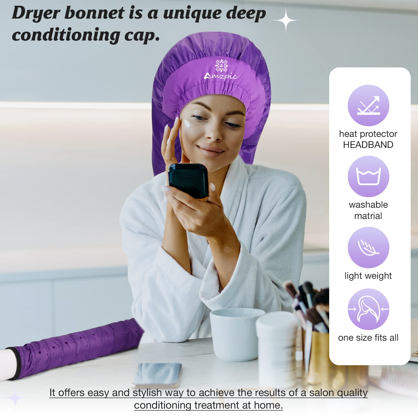 Bonnet Hair Dryer Attachment - Bonnet Hood Dryer with Headband that Reduces Heat Around Ears and Neck, Use for Hair Styling, Hair Drying, Curling and Deep Conditioning (Purple)