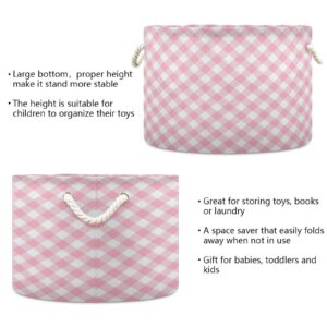 Kigai Storage Basket Pink Gingham Round Toy Baskets Foldable Nursery Organizer Waterproof Inner Layer with Sturdy Handles Clothes Laundry Hamper Bin